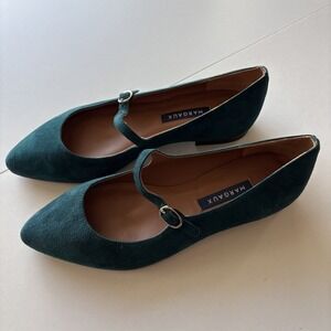 NWOB MARGAUX Blue Suede Mary Jane Ballet Flats Pointed Toe Buckle Shoes 36 Women